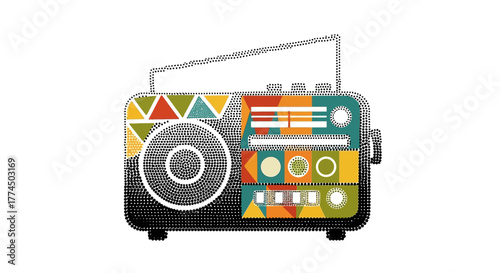 Stylized Portable Radio with Colorful Abstract Design on White Background.