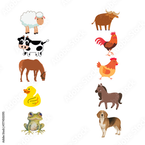 Cute cartoon animal set with funny farm and wild pets