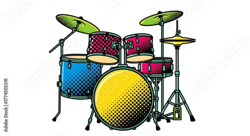 Colorful drum set illustration perfect for music enthusiasts.