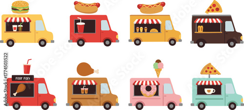 Food truck vector illustration set, burger hotdog pizza fried chicken ice cream donut coffee soda beverage street food mobile restaurant colorful design collection isolated