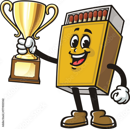 Matchstick box mascot cartoon holding a trophy