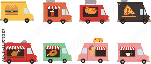 Food truck vector illustration set, colorful street food vans, hamburger, fries, hot dog, pizza, chicken, barbecue, ice cream, coffee, festival, market, catering, mobile restaurant, fast food