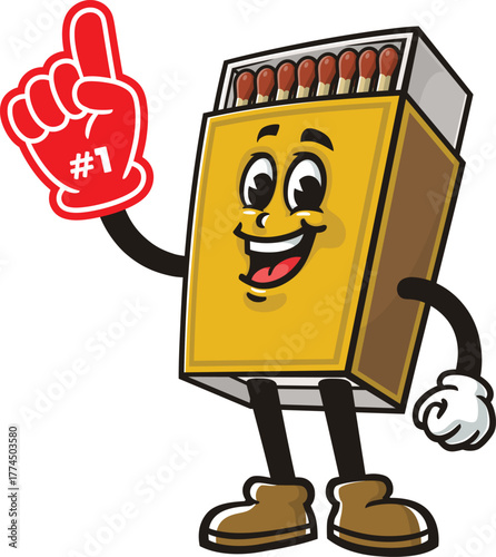 Matchstick box mascot cartoon holding a giant foam finger