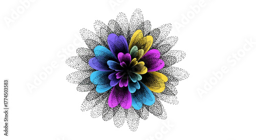Vibrant abstract flower with a colorful center and sketched petals.