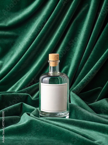 Elegant Clear Glass Bottle With Blank Label Centered On Rich Green Velvet Drape Background	