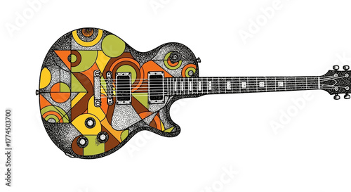 Colorful Electric Guitar with Abstract Geometric Design.