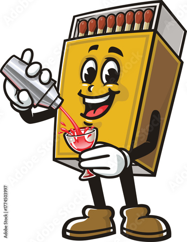 Matchstick box mascot cartoon making a cocktail