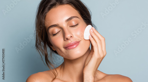Close-up of a serene woman using a white gua sha stone on her glowing skin against a soft blue background, highlighting modern beauty care