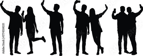 Silhouette people taking selfies, friends posing together, smartphone photography, modern lifestyle, social media culture, playful poses, friendship bonding, digital generation