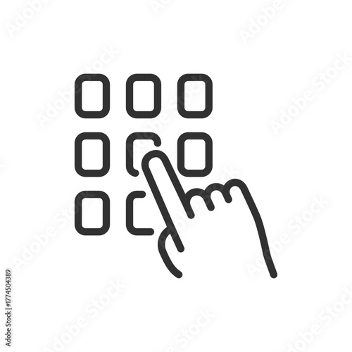 Keypad with hand, linear icon. Access control and password entry. Line with editable stroke.