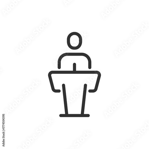 Person at podium, linear icon. Public speech or conference speaker. Line with editable stroke.