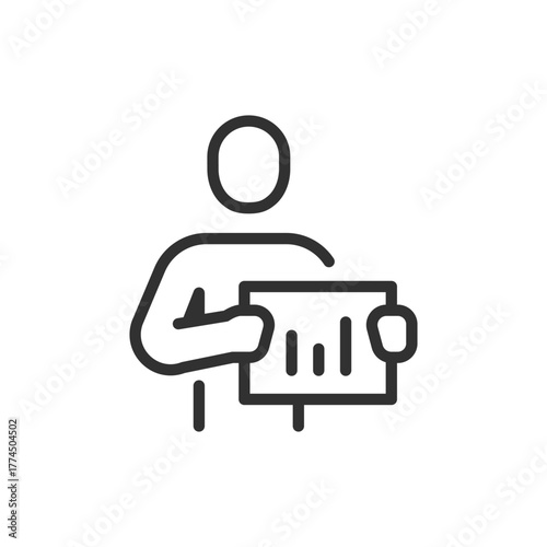 Person holding chart, linear icon. Business report and data presentation. Line with editable stroke.