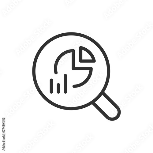Magnifying glass with chart, linear icon. Data analysis and research. Line with editable stroke.