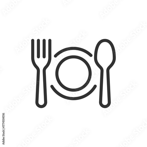 Plate with fork and spoon, linear icon. Table setting for a meal. Line with editable stroke.