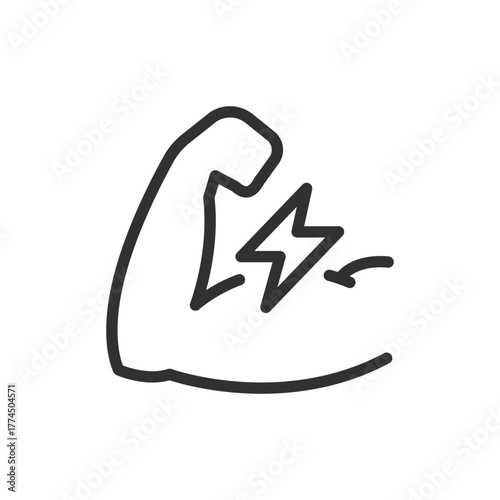 Flexed arm with lightning, linear icon. Muscle power and energy strength. Line with editable stroke.
