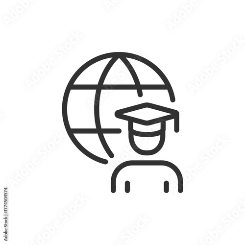Graduate with globe, linear icon. Global education and online learning. Line with editable stroke.