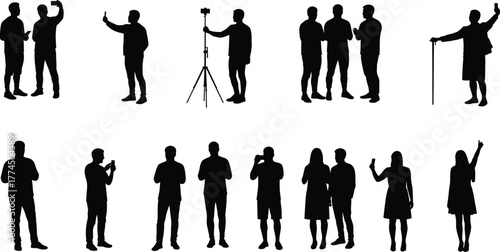 Silhouette people standing, walking, talking, using camera tripod, holding devices, gesturing, interacting, teamwork, communication, business, lifestyle, technology