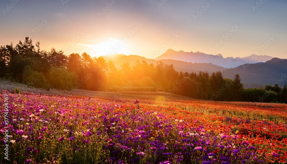 Obraz premium Vibrant Flower Field Glowing In Golden Sunrise