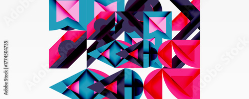 Abstract geometric shapes, vibrant colors, pinks, blues, purples dominate composition. Modern design, digital illustration style.