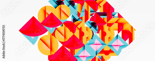 Abstract geometric shapes overlap, creating vibrant composition. Red, yellow, blue dominate design. Minimalist style, modern aesthetic.