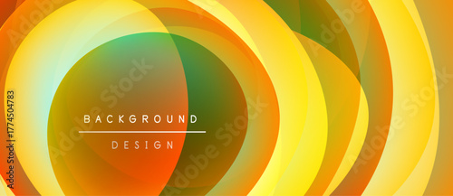 Abstract layered circles create vibrant background. Orange, yellow, green hues blend smoothly. Text reads background design. Simple, modern aesthetic.