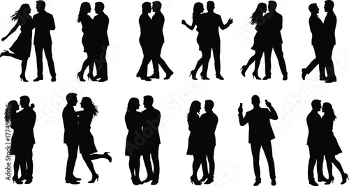 Silhouette couples dancing, embracing, standing, romantic poses, relationship illustration, people interaction, love concept, black figures, white background, vector design
