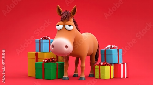 Comical illustration of a tired horse overloaded with holiday shopping gifts.