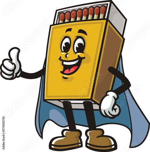 Matchstick box mascot cartoon in superhero style