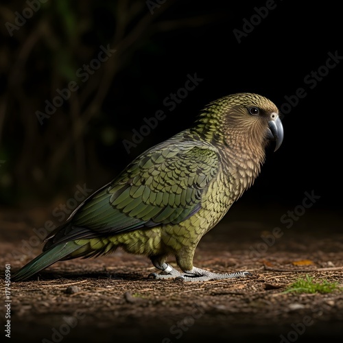 New Zealand kaka parrot with dark green plumage in dramatic cinematic 4K forest lighting