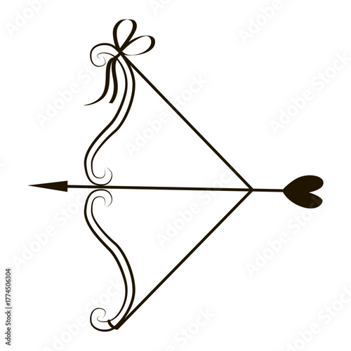 Cupid s bow with a heart-shaped arrowhead and decorative ribbon in a stylish vector illustration. Perfect for romantic themes, Valentine s Day designs, and love-themed projects.