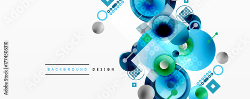 Abstract blue design. Circles, squares, lines create modern background. Minimalist composition, clean aesthetic, vibrant colors.