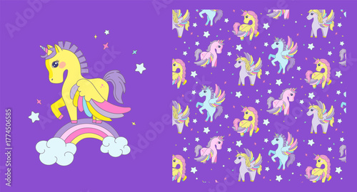 Charming vector illustration featuring colorful unicorns dancing over rainbows with stars on a purple background. Ideal for children s patterns, stationery, and whimsical designs.