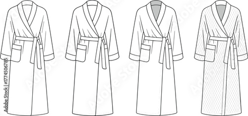 Bathrobe technical fashion sketch, front view robe design, belt wrap silhouette, sleeve detail, patch pocket, flat vector illustration