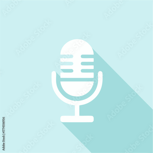 White microphone icon with a long shadow on a light blue background, representing audio recording, broadcasting, or communication technology.