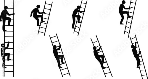 Silhouettes of people climbing ladders in various poses, black and white ascent concept for growth and ambition – flat vector illustration