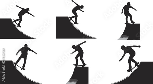 Skateboarder silhouette tricks, half-pipe ramp action, extreme sport movement, dynamic pose sequence, flat vector illustration, urban style, black graphic
