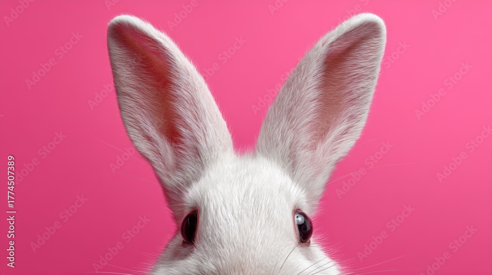 Fototapeta premium cute white rabbit face peeks from above, long ears framing image against bright pink background, Easter bunny concept
