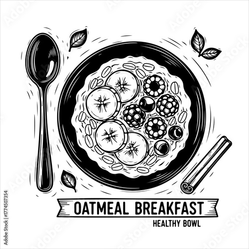 A hand-drawn, black and white illustration of a healthy oatmeal breakfast bowl with fruit, a spoon, and a cinnamon stick.