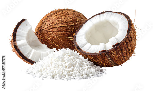 Fresh coconut halves and shreds displayed on white background, perfect for tropical recipes, baking, snacks, and healthy vegan food concepts.