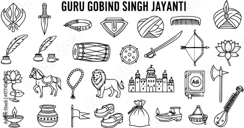 Guru Gobind Singh Jayanti Icons: Sikhism Religious Symbols in Outline