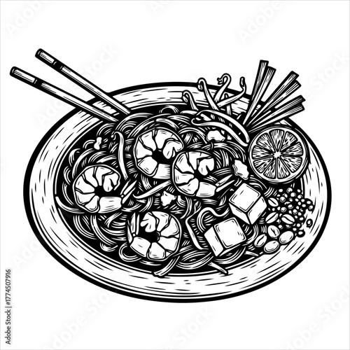 A detailed black and white line art illustration of a traditional Thai Pad Thai noodle dish with shrimp, tofu, and lime.