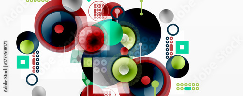 Abstract composition. Circles, squares, lines create dynamic visual experience. Red, green, blue dominate design. Modern, geometric patterns present.