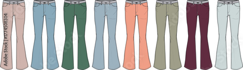 Variety of colorful fashionable flared jeans, perfect for creating stylish outfits and wardrobe diversity