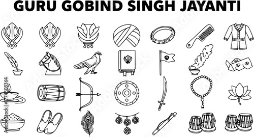 Guru Gobind Singh Jayanti Line Art Icons: Khanda Symbols, Eagle, Sword  More. Sikh Festival Illustration