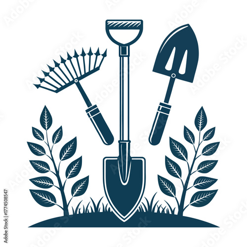 Tools and Foliage Emblem - Monochrome Vintage