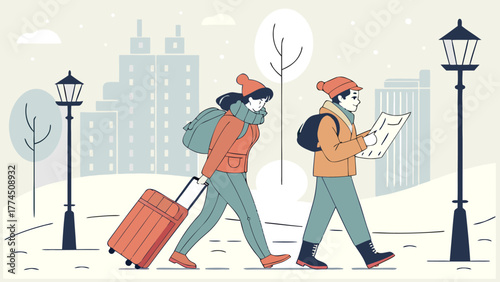 Winter travel illustration: people with luggage, map, and backpacks in snowy city scene for travel blog