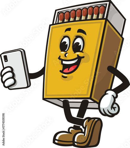 Matchstick box mascot cartoon holding a gadget or smartphone