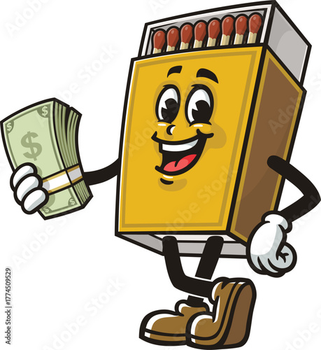 Matchstick box mascot cartoon holding cash
