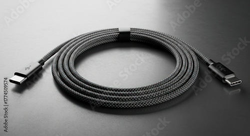 Braided usb type c cable coiled on dark surface background