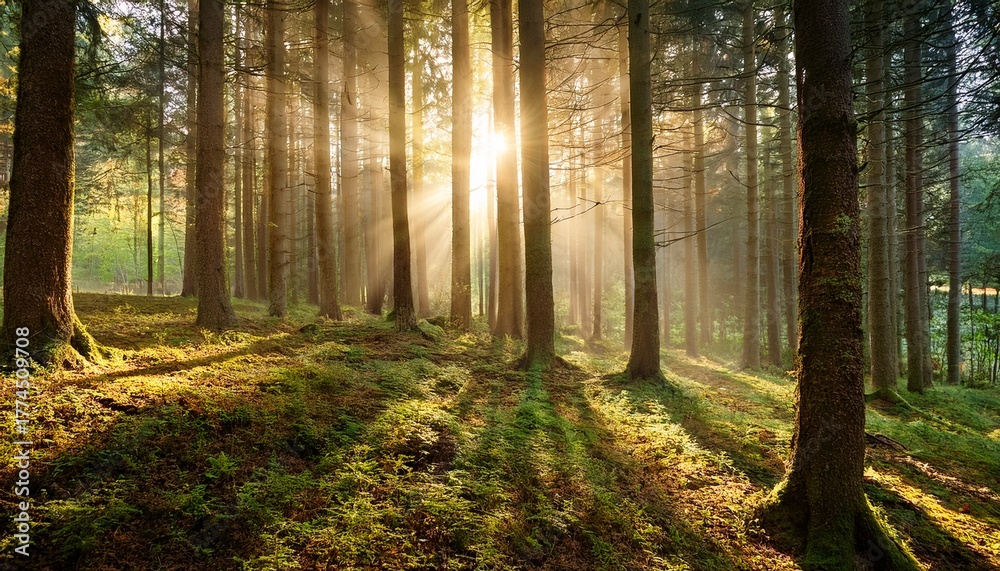 Naklejka premium Sunshine Shining Through The Trunks Of The Trees In The Forest